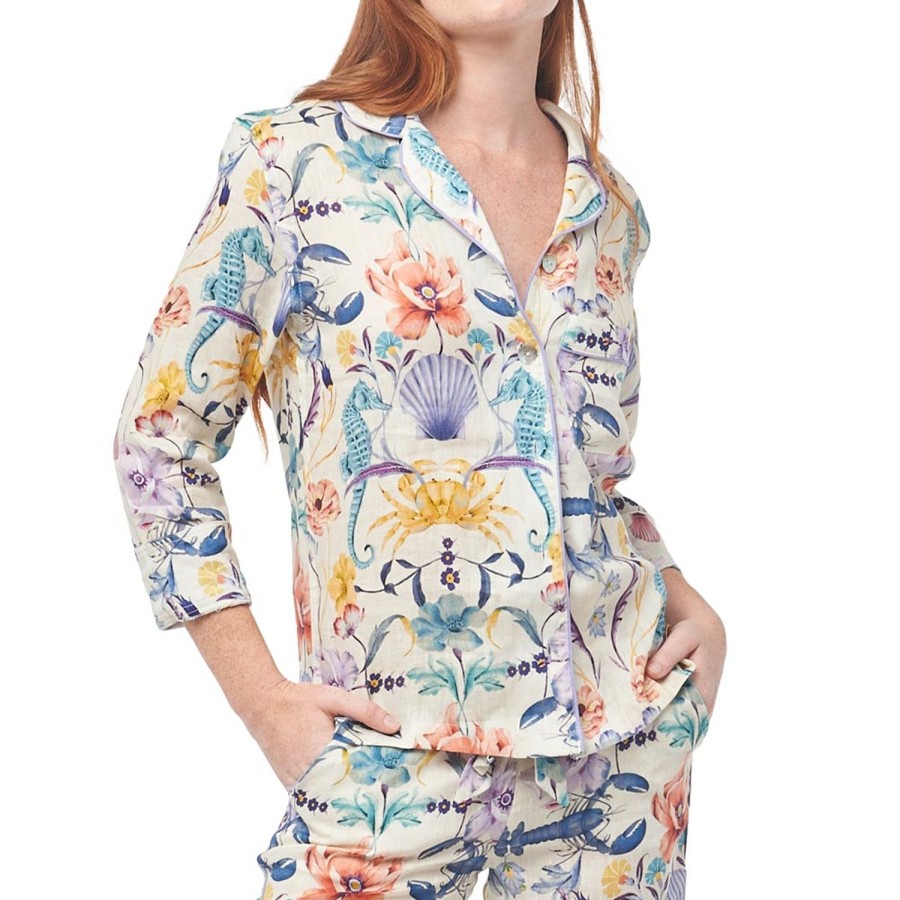 The Lazy Poet Emma Seahorses & Friends Ecru Long Pajama Set Hot