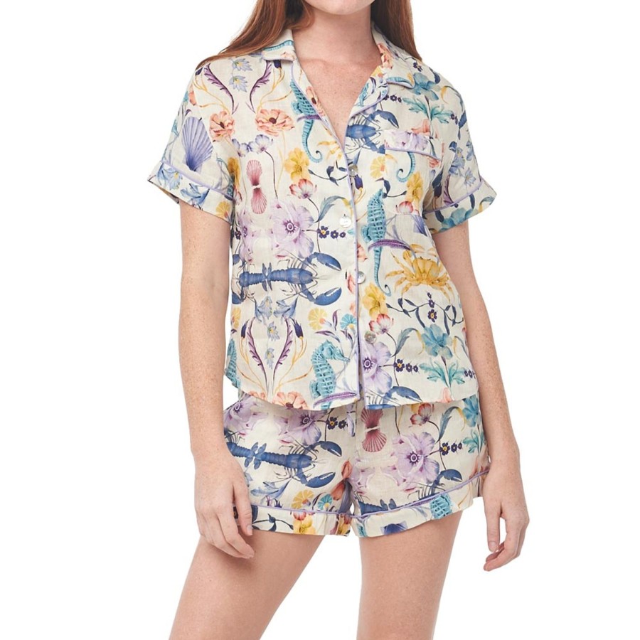 The Lazy Poet Nina Seahorses & Friends Ecru Short Pajama Set New