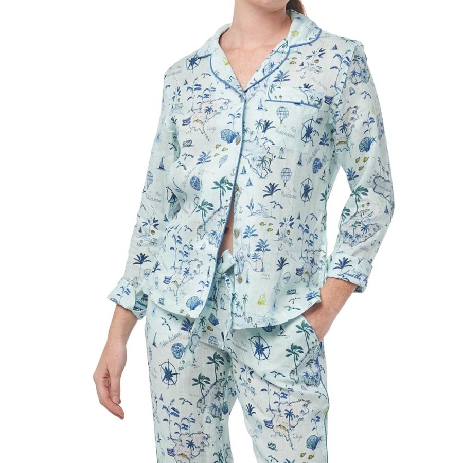 The Lazy Poet Emma Islas Baleares Blue Long Pajama Set New